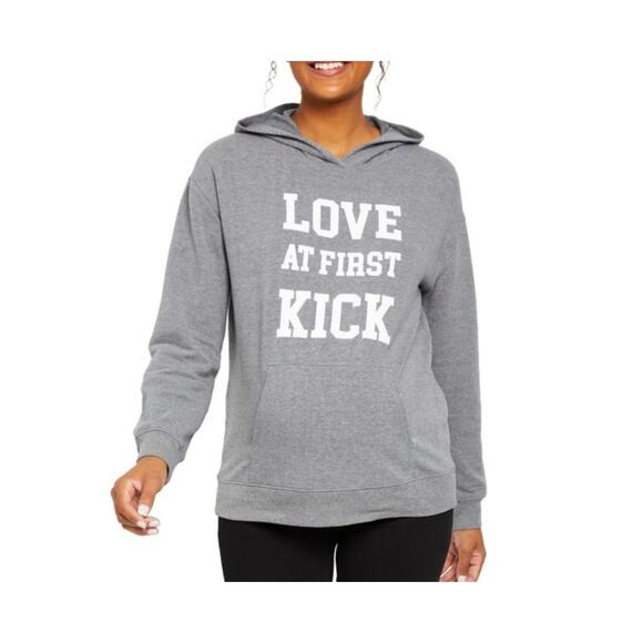 Motherhood Maternity Love at First Kick Graphic Gray w/ Pocket Sweatshirt XS NWT - Picture 1 of 3